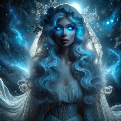 The primary subject of the image is a woman with long blonde hair, wearing a white dress and a veil. She has blue eyes and is looking at the camera. The setting is a dark, possibly magical, environment with a blue and white color scheme. The visual style is a digital art or illustration, creating a surreal and enchanting atmosphere.